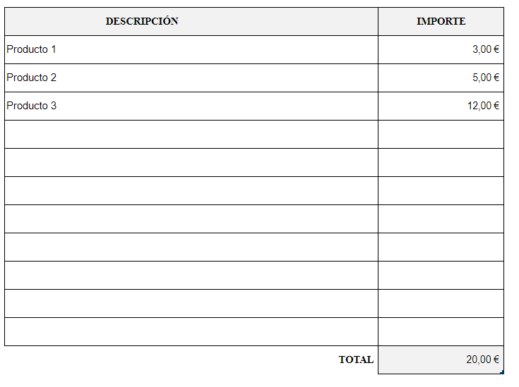 Tabla para los productos y sus importes, plantilla calcula el total