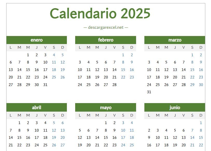 Calendario 2025 en Excel
